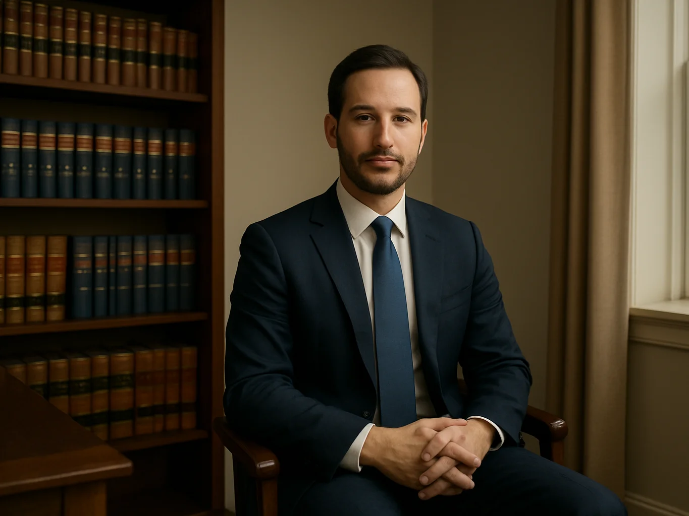 Individual environmental portrait of a male attorney in a calm of