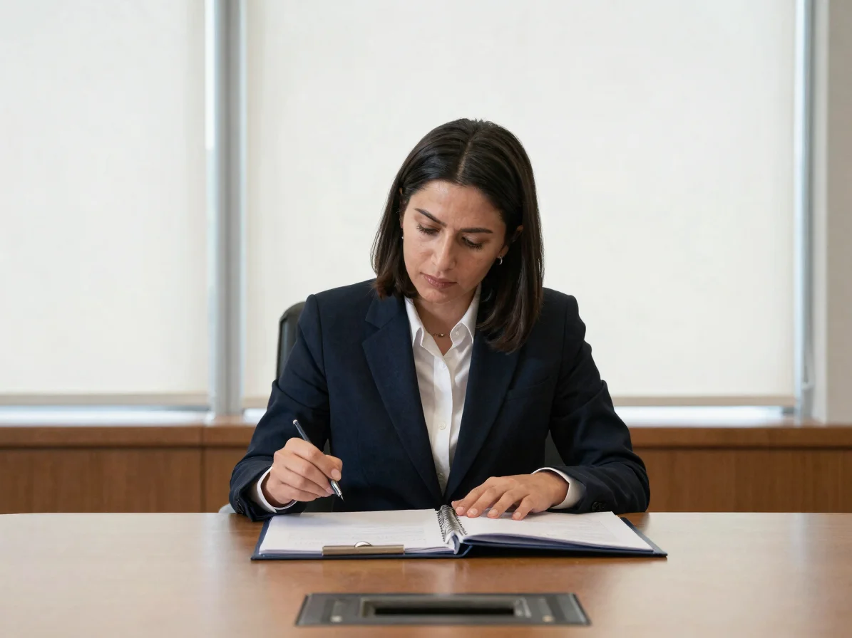 Individual environmental portrait of an attorney reviewing a case