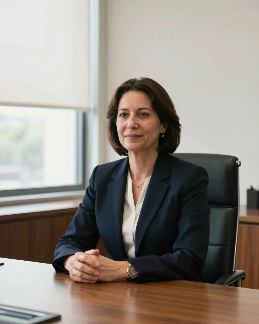 Environmental portrait of a calm attorney seated across a wooden